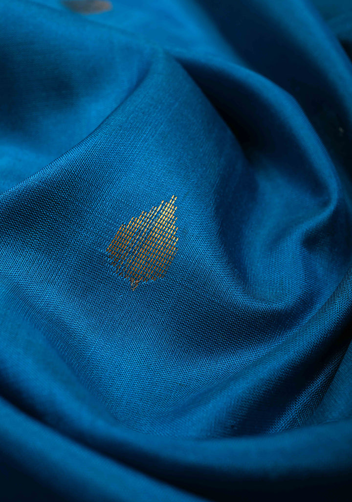 Copper Sulphate Blue Rangkaat Panel Design on Uppada Handloom Silk Saree with Sona Rupa Zari Buttas and Minimal Tissue Border| SILK MARK CERTIFIED | SHOBITAM