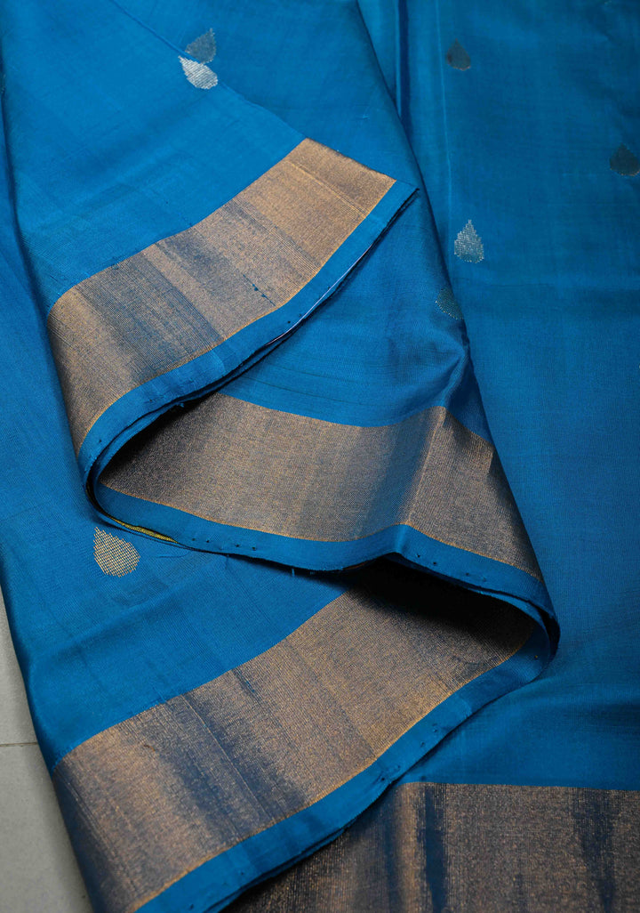Copper Sulphate Blue Rangkaat Panel Design on Uppada Handloom Silk Saree with Sona Rupa Zari Buttas and Minimal Tissue Border| SILK MARK CERTIFIED | SHOBITAM