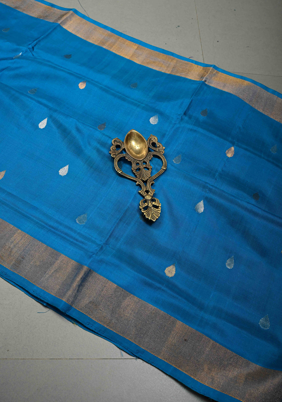 Copper Sulphate Blue Rangkaat Panel Design on Uppada Handloom Silk Saree with Sona Rupa Zari Buttas and Minimal Tissue Border| SILK MARK CERTIFIED | SHOBITAM