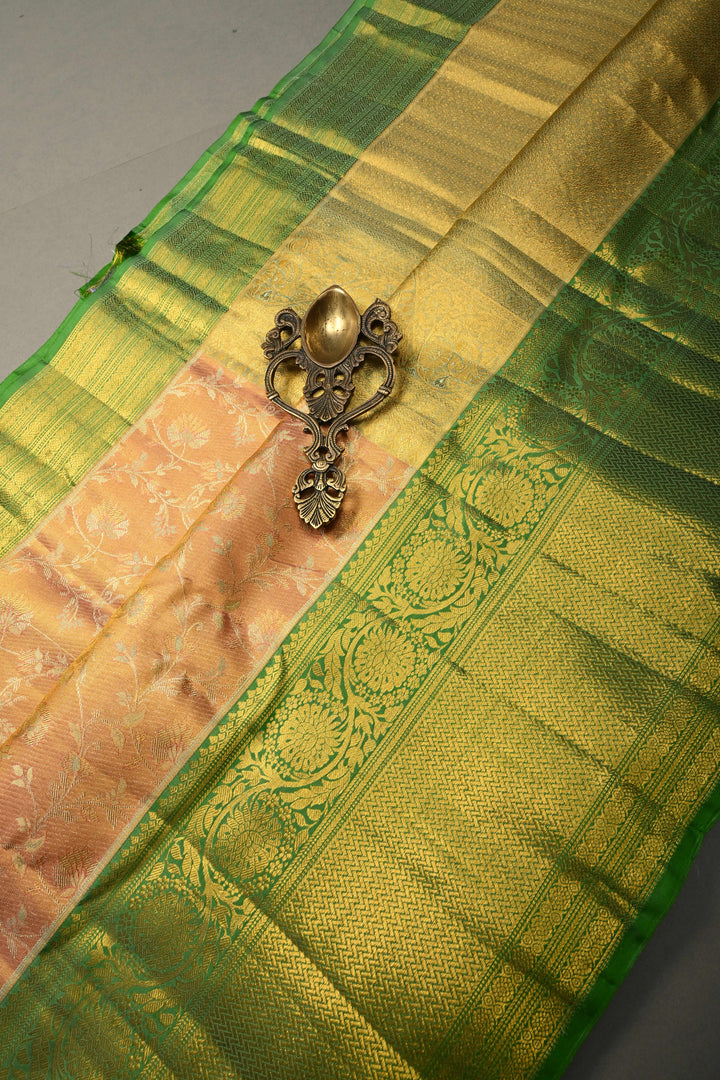 Pink-Peach Dual Tone Pure Kanjivaram Tissue Silk Saree with Meenakari Floral Brocade Jaal and wide Zari Border | SILK MARK CERTIFIED | SHOBITAM