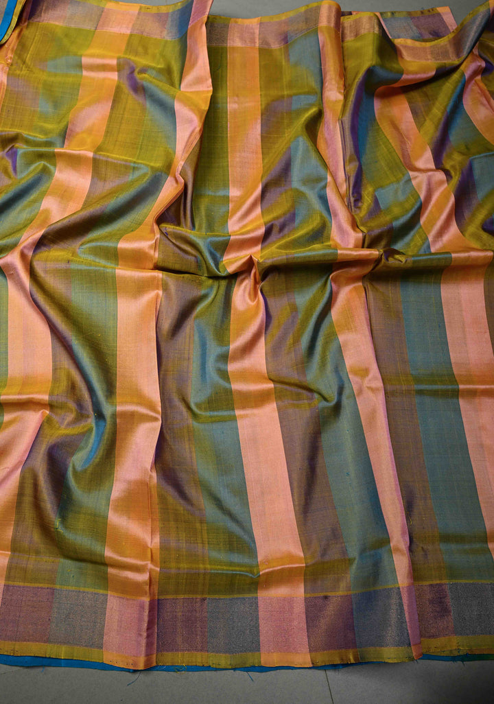 Copper Sulphate Blue Rangkaat Panel Design on Uppada Handloom Silk Saree with Sona Rupa Zari Buttas and Minimal Tissue Border| SILK MARK CERTIFIED | SHOBITAM