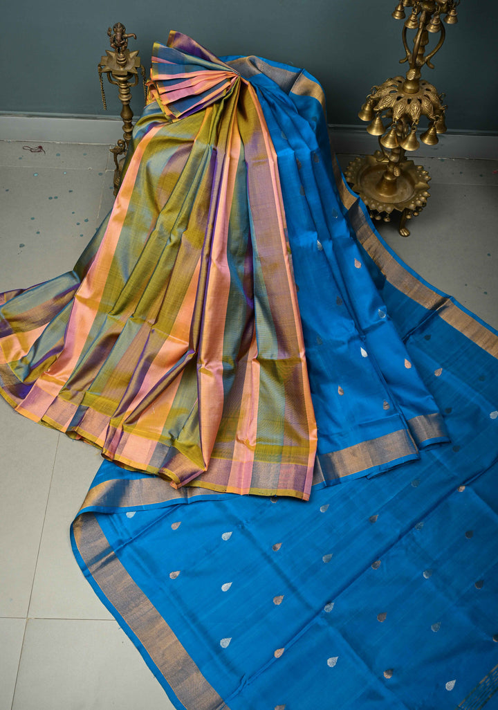 Copper Sulphate Blue Rangkaat Panel Design on Uppada Handloom Silk Saree with Sona Rupa Zari Buttas and Minimal Tissue Border| SILK MARK CERTIFIED | SHOBITAM