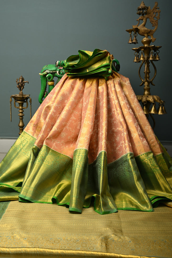 Pink-Peach Dual Tone Pure Kanjivaram Tissue Silk Saree with Meenakari Floral Brocade Jaal and wide Zari Border | SILK MARK CERTIFIED | SHOBITAM