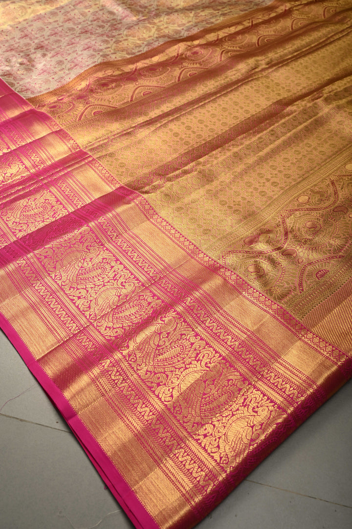 Gold Pure Kanjivaram Tissue Silk Saree with Meenakari Brocade Jaal and Contrast Wide Zari Border | SILK MARK CERTIFIED | SHOBITAM