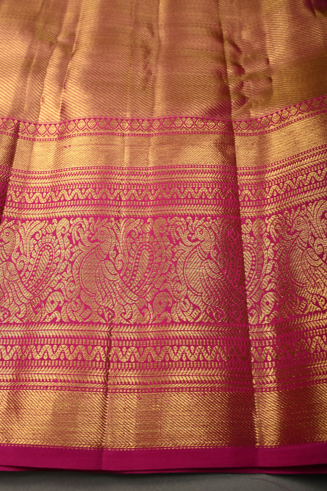 Gold Pure Kanjivaram Tissue Silk Saree with Meenakari Brocade Jaal and Contrast Wide Zari Border | SILK MARK CERTIFIED | SHOBITAM