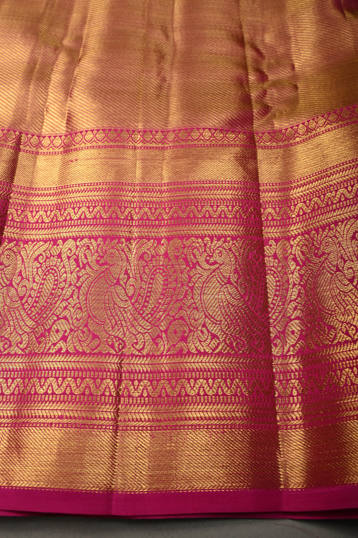 Gold Pure Kanjivaram Tissue Silk Saree with Meenakari Brocade Jaal and Contrast Wide Zari Border | SILK MARK CERTIFIED | SHOBITAM