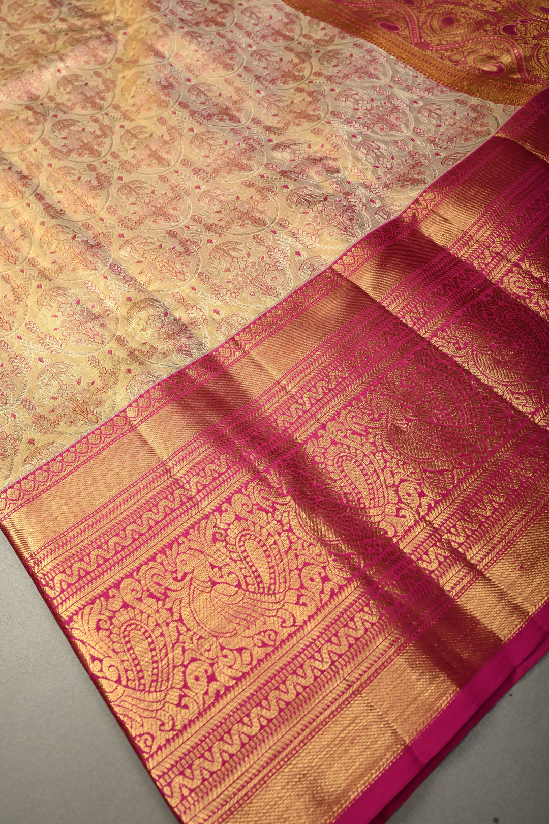 Gold Pure Kanjivaram Tissue Silk Saree with Meenakari Brocade Jaal and Contrast Wide Zari Border | SILK MARK CERTIFIED | SHOBITAM