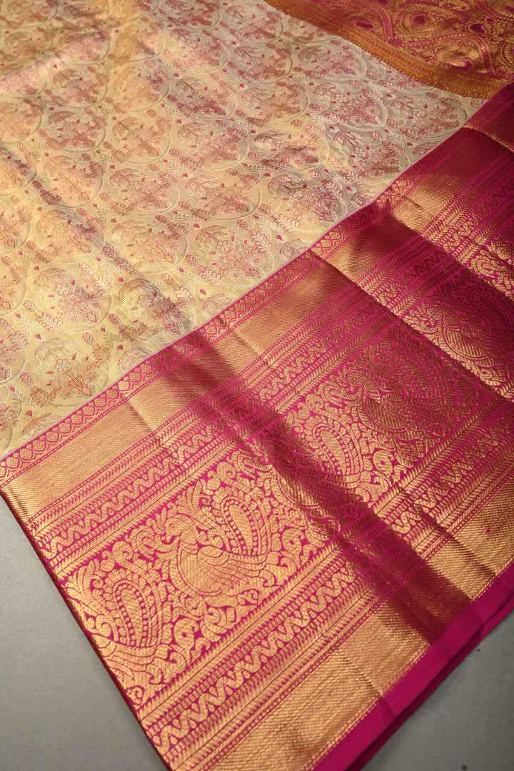 Gold Pure Kanjivaram Tissue Silk Saree with Meenakari Brocade Jaal and Contrast Wide Zari Border | SILK MARK CERTIFIED | SHOBITAM