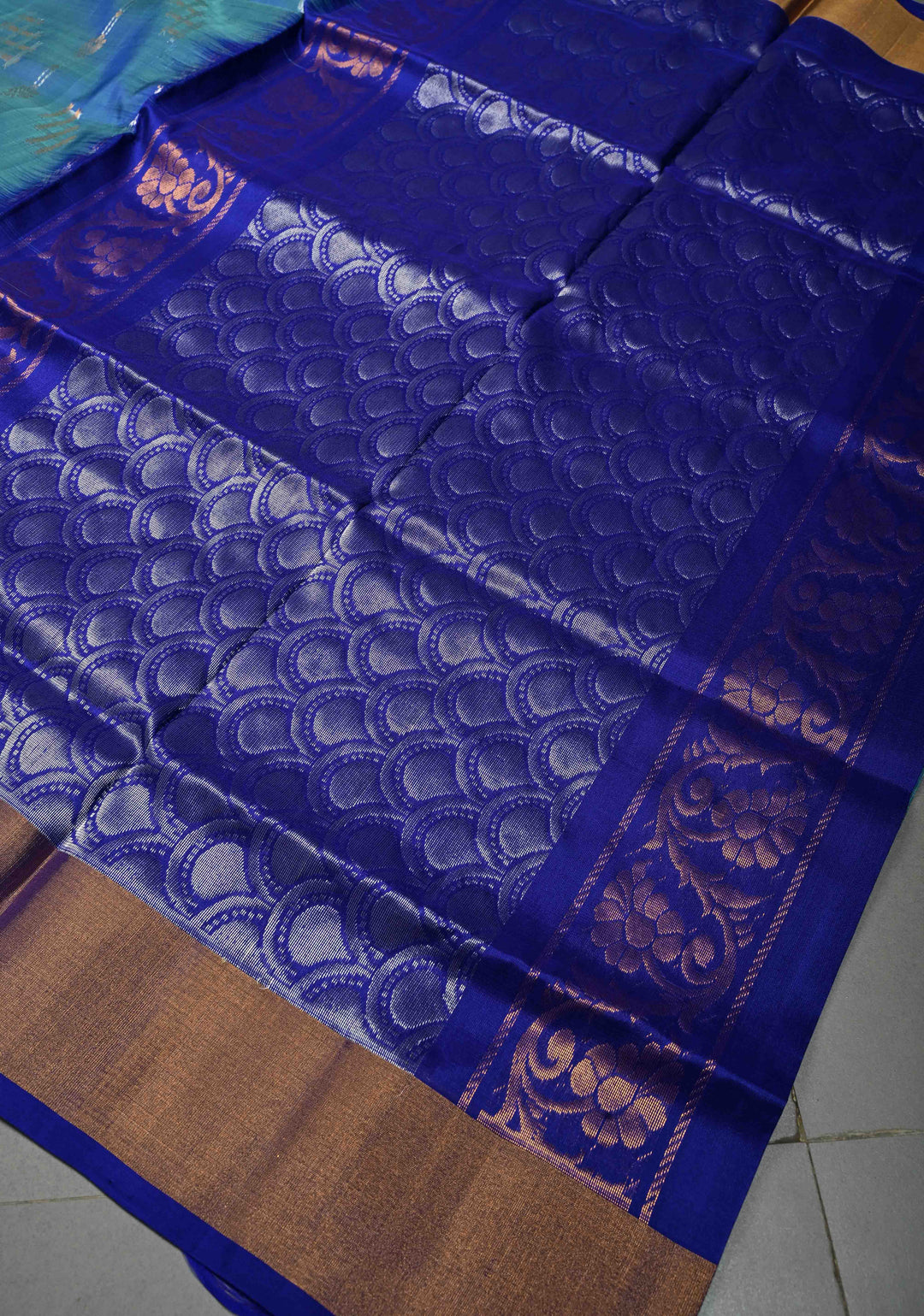 Blue Dual Tone  Sona Rupa Zari Stripes on Uppada Handloom Silk Saree with Panel and Tissue Border| SILK MARK CERTIFIED | SHOBITAM