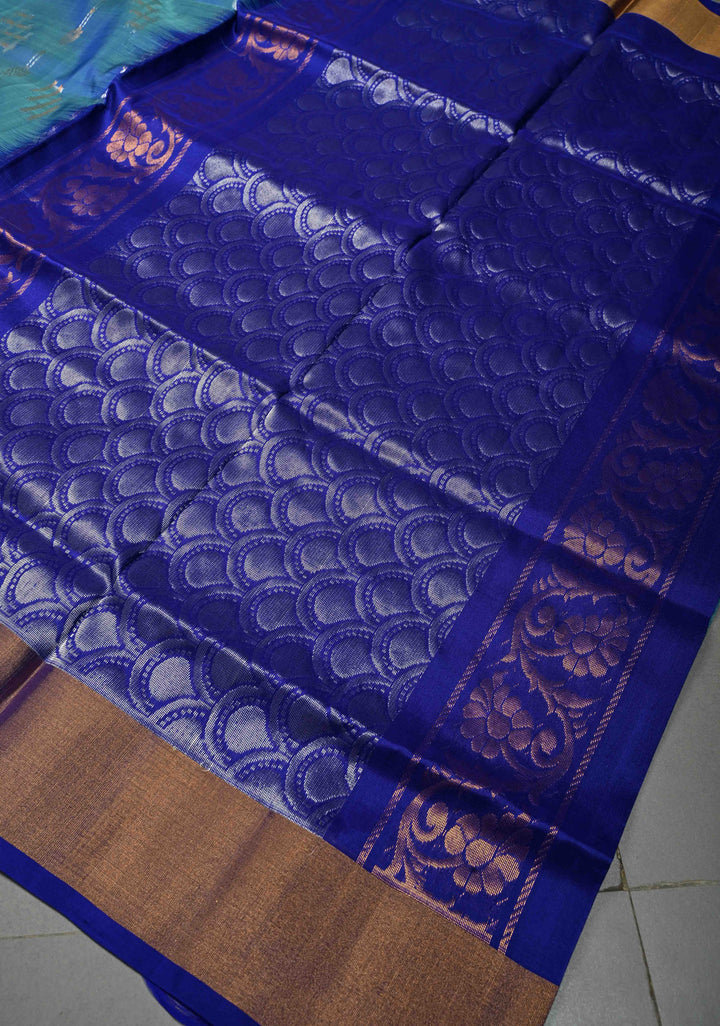 Blue Dual Tone  Sona Rupa Zari Stripes on Uppada Handloom Silk Saree with Panel and Tissue Border| SILK MARK CERTIFIED | SHOBITAM