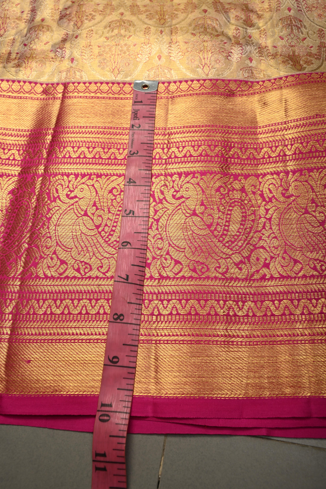 Gold Pure Kanjivaram Tissue Silk Saree with Meenakari Brocade Jaal and Contrast Wide Zari Border | SILK MARK CERTIFIED | SHOBITAM