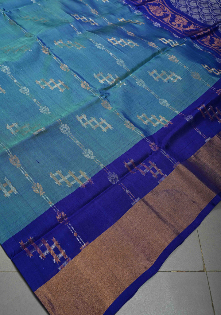 Blue Dual Tone  Sona Rupa Zari Stripes on Uppada Handloom Silk Saree with Panel and Tissue Border| SILK MARK CERTIFIED | SHOBITAM