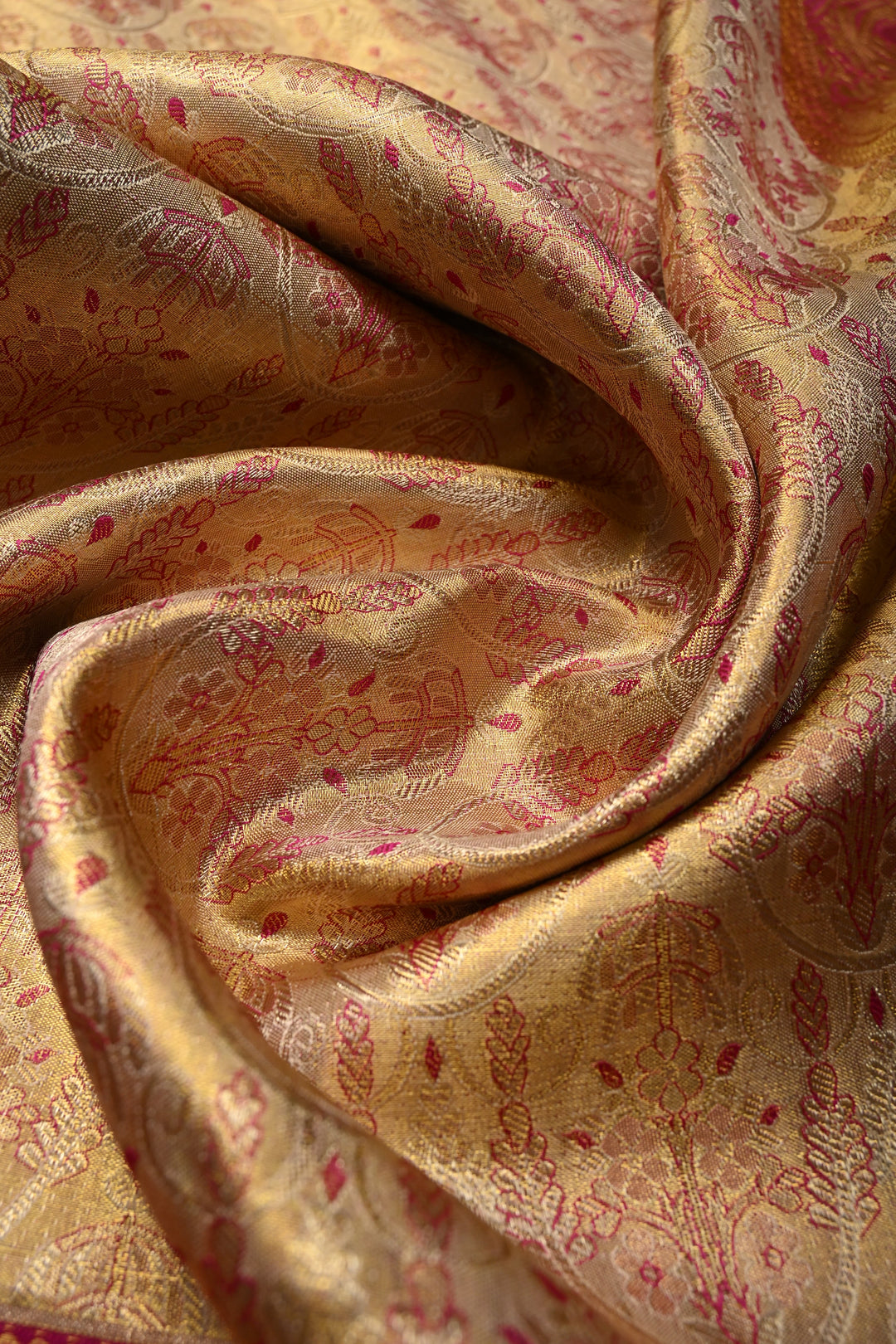 Gold Pure Kanjivaram Tissue Silk Saree with Meenakari Brocade Jaal and Contrast Wide Zari Border | SILK MARK CERTIFIED | SHOBITAM