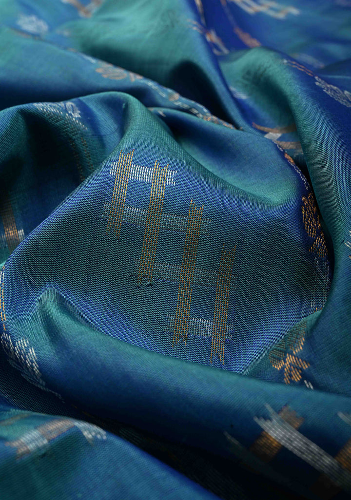 Blue Dual Tone  Sona Rupa Zari Stripes on Uppada Handloom Silk Saree with Panel and Tissue Border| SILK MARK CERTIFIED | SHOBITAM