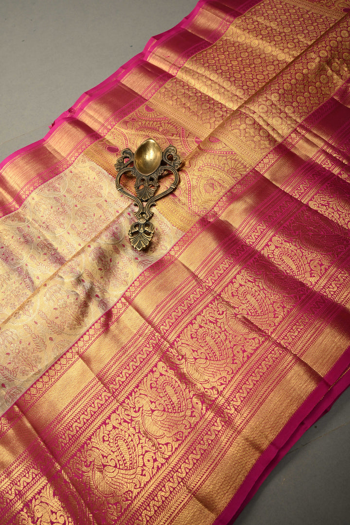 Gold Pure Kanjivaram Tissue Silk Saree with Meenakari Brocade Jaal and Contrast Wide Zari Border | SILK MARK CERTIFIED | SHOBITAM