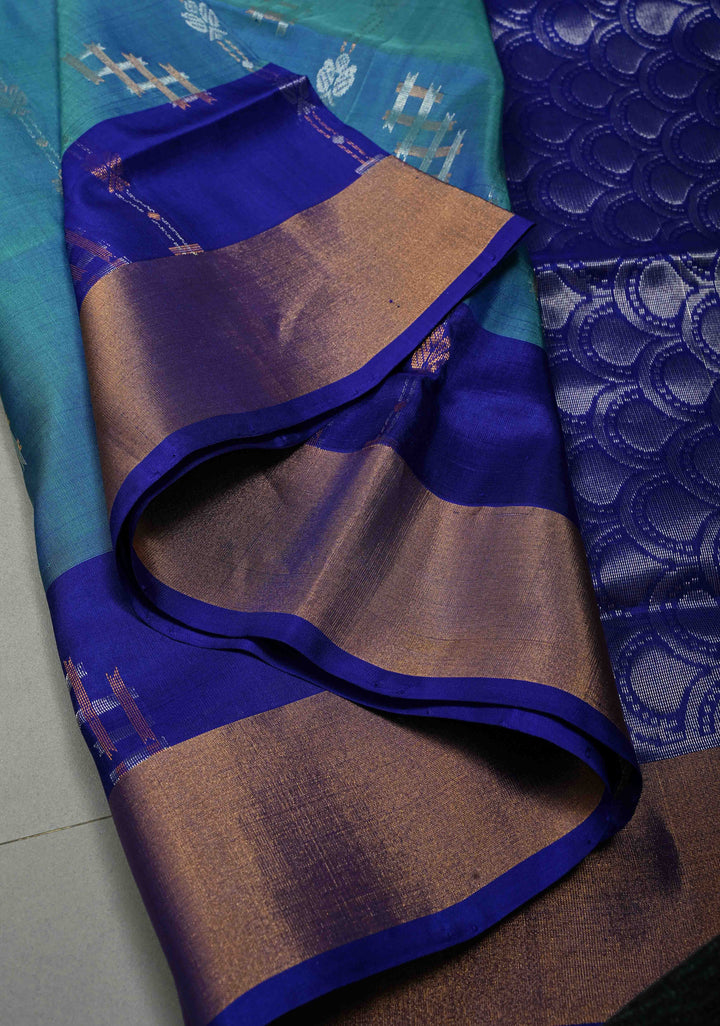 Blue Dual Tone  Sona Rupa Zari Stripes on Uppada Handloom Silk Saree with Panel and Tissue Border| SILK MARK CERTIFIED | SHOBITAM
