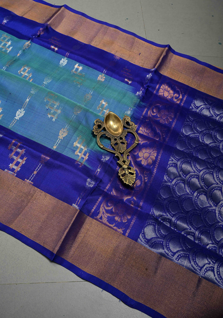 Blue Dual Tone  Sona Rupa Zari Stripes on Uppada Handloom Silk Saree with Panel and Tissue Border| SILK MARK CERTIFIED | SHOBITAM