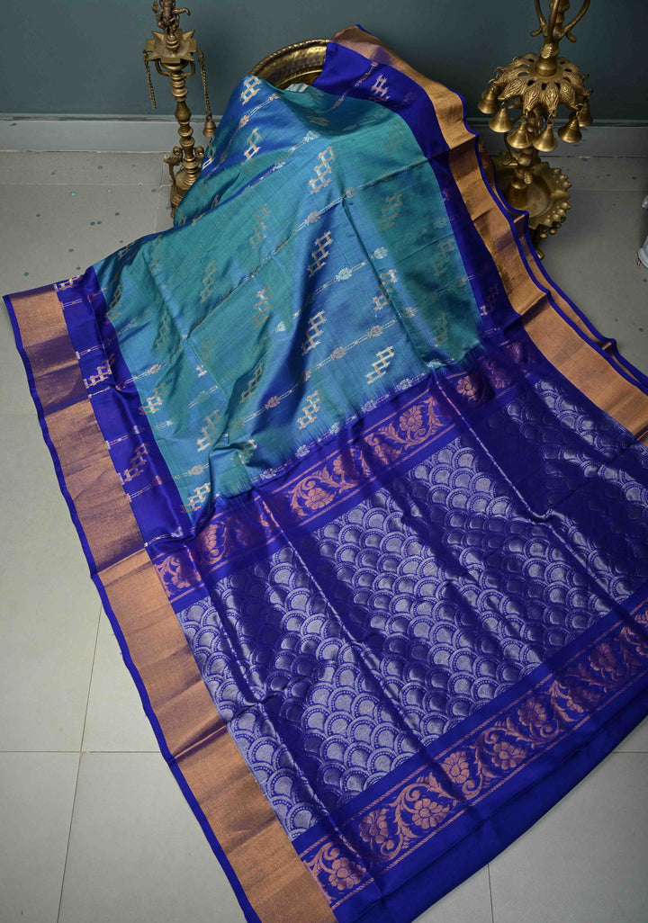 Blue Dual Tone  Sona Rupa Zari Stripes on Uppada Handloom Silk Saree with Panel and Tissue Border| SILK MARK CERTIFIED | SHOBITAM