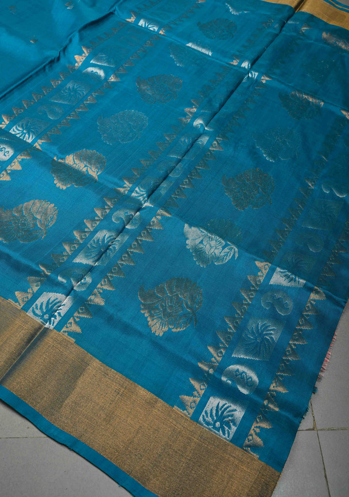 Blue Uppada Handloom Silk Saree with Sona Rupa Zari Buttas and Distinct Temple Design on Tissue Border| SILK MARK CERTIFIED | SHOBITAM