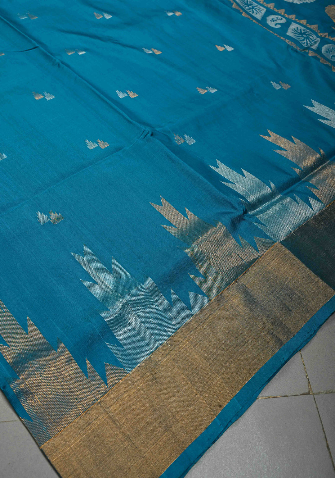 Blue Uppada Handloom Silk Saree with Sona Rupa Zari Buttas and Distinct Temple Design on Tissue Border| SILK MARK CERTIFIED | SHOBITAM