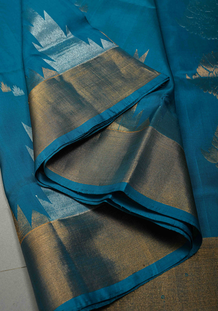 Blue Uppada Handloom Silk Saree with Sona Rupa Zari Buttas and Distinct Temple Design on Tissue Border| SILK MARK CERTIFIED | SHOBITAM