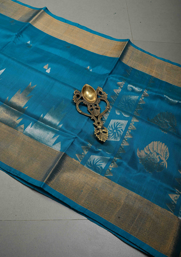Blue Uppada Handloom Silk Saree with Sona Rupa Zari Buttas and Distinct Temple Design on Tissue Border| SILK MARK CERTIFIED | SHOBITAM