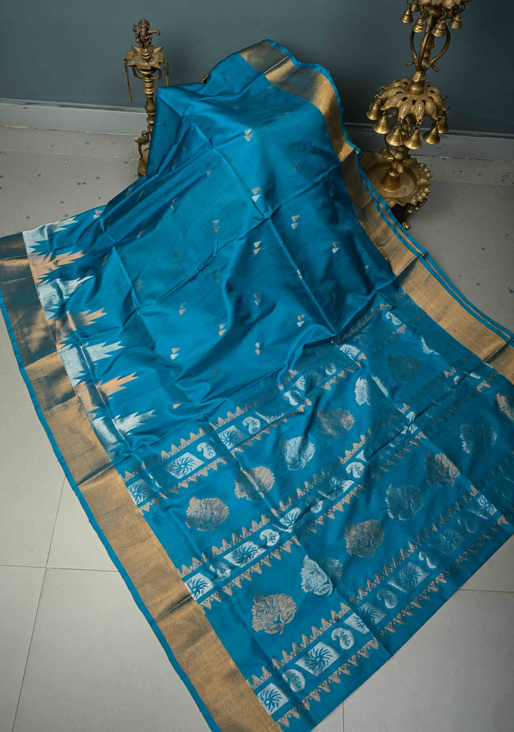 Blue Uppada Handloom Silk Saree with Sona Rupa Zari Buttas and Distinct Temple Design on Tissue Border| SILK MARK CERTIFIED | SHOBITAM