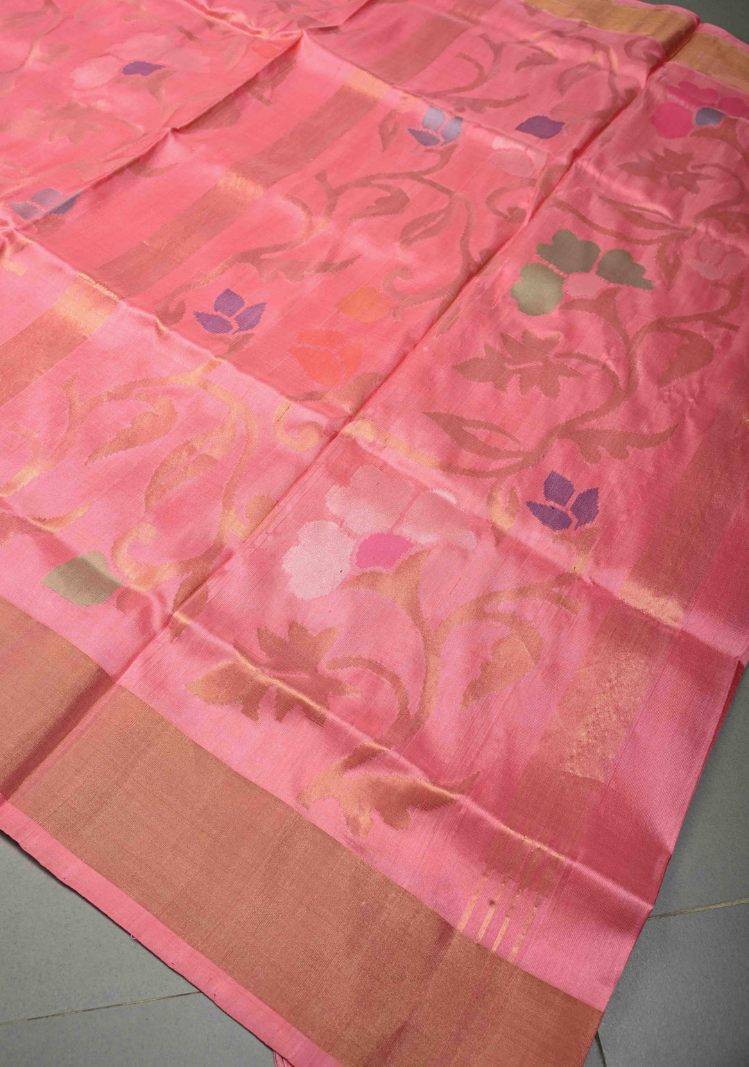 Rose Pink  Uppada Handloom Silk Saree with Meenakari Full Body Jamdani jaal and Tissue Border | SILK MARK CERTIFIED | SHOBITAM