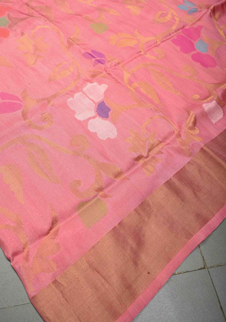 Rose Pink  Uppada Handloom Silk Saree with Meenakari Full Body Jamdani jaal and Tissue Border | SILK MARK CERTIFIED | SHOBITAM