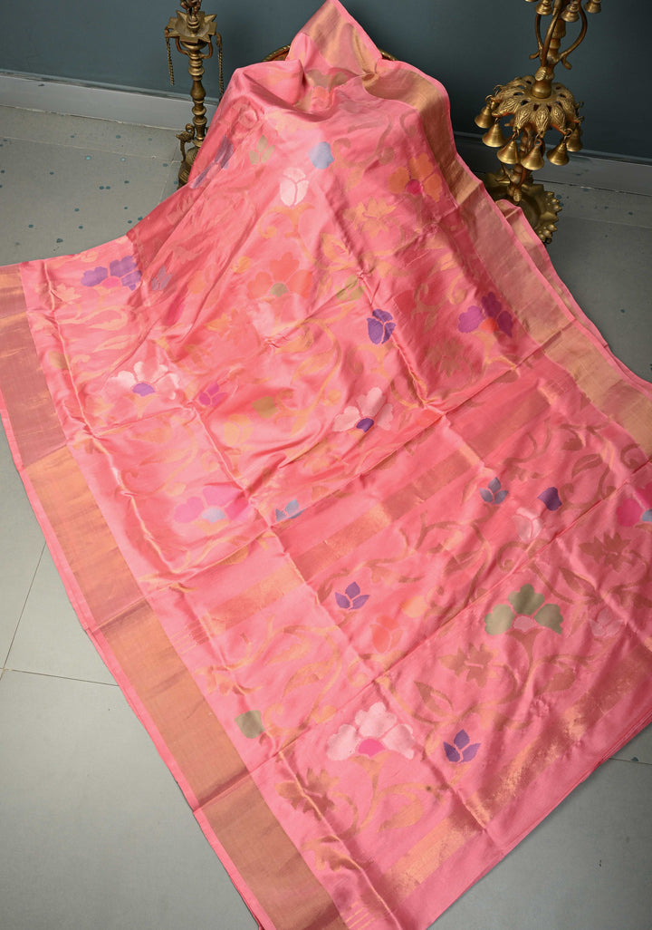 Rose Pink  Uppada Handloom Silk Saree with Meenakari Full Body Jamdani jaal and Tissue Border | SILK MARK CERTIFIED | SHOBITAM