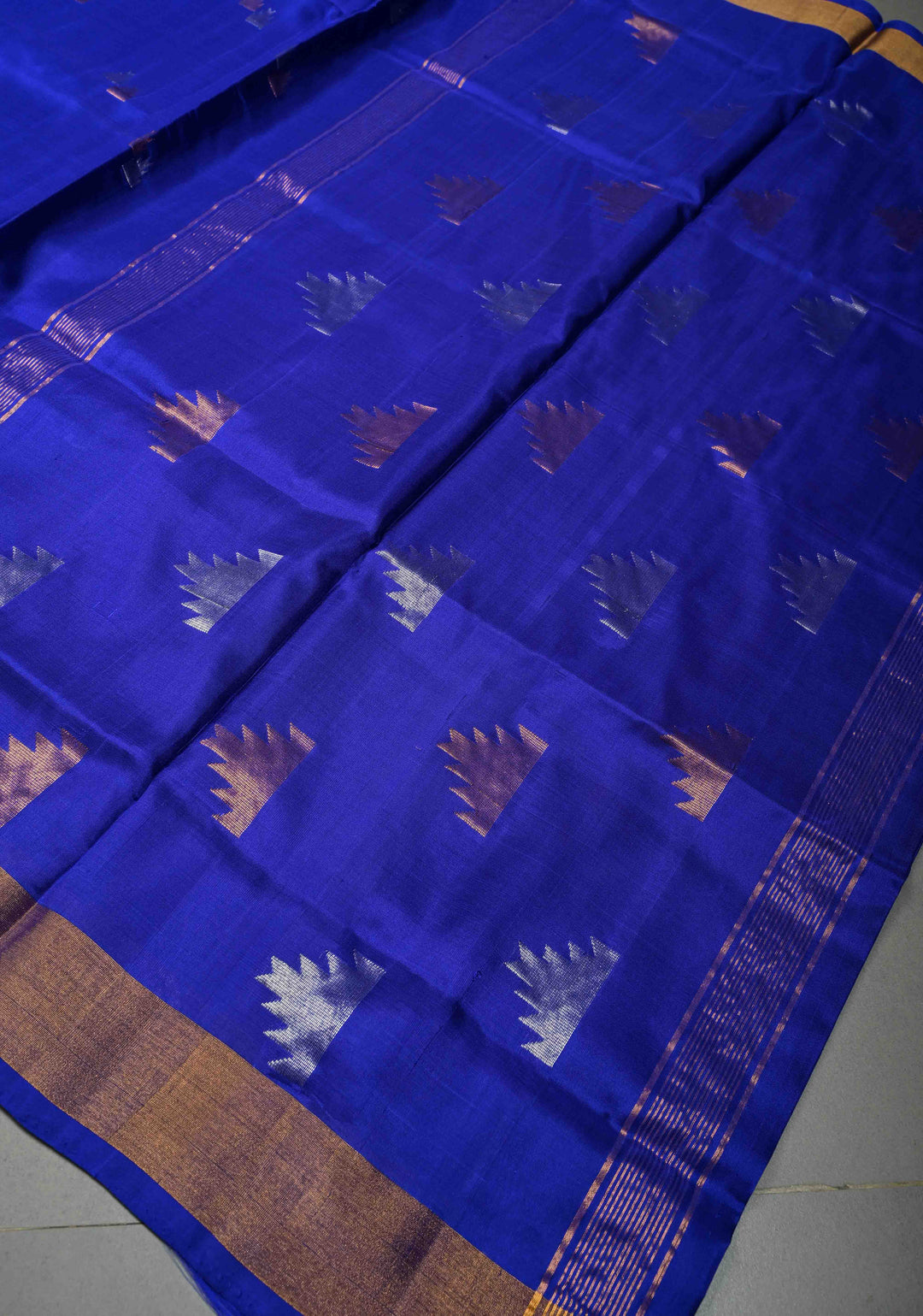 Royal Blue Uppada Handloom Silk Saree with Sona Rupa Zari Buttas and Distinct Temple Design on Tissue Border| SILK MARK CERTIFIED | SHOBITAM