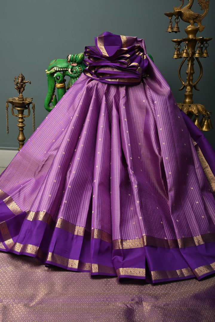 Lavender Kanjivaram Podi-Kattam Zari Checks on Pure Kanjivaram Soft Silk Saree with Zari Buttis and Rettiapet Zari Border | SILK MARK CERTIFIED | SHOBITAM
