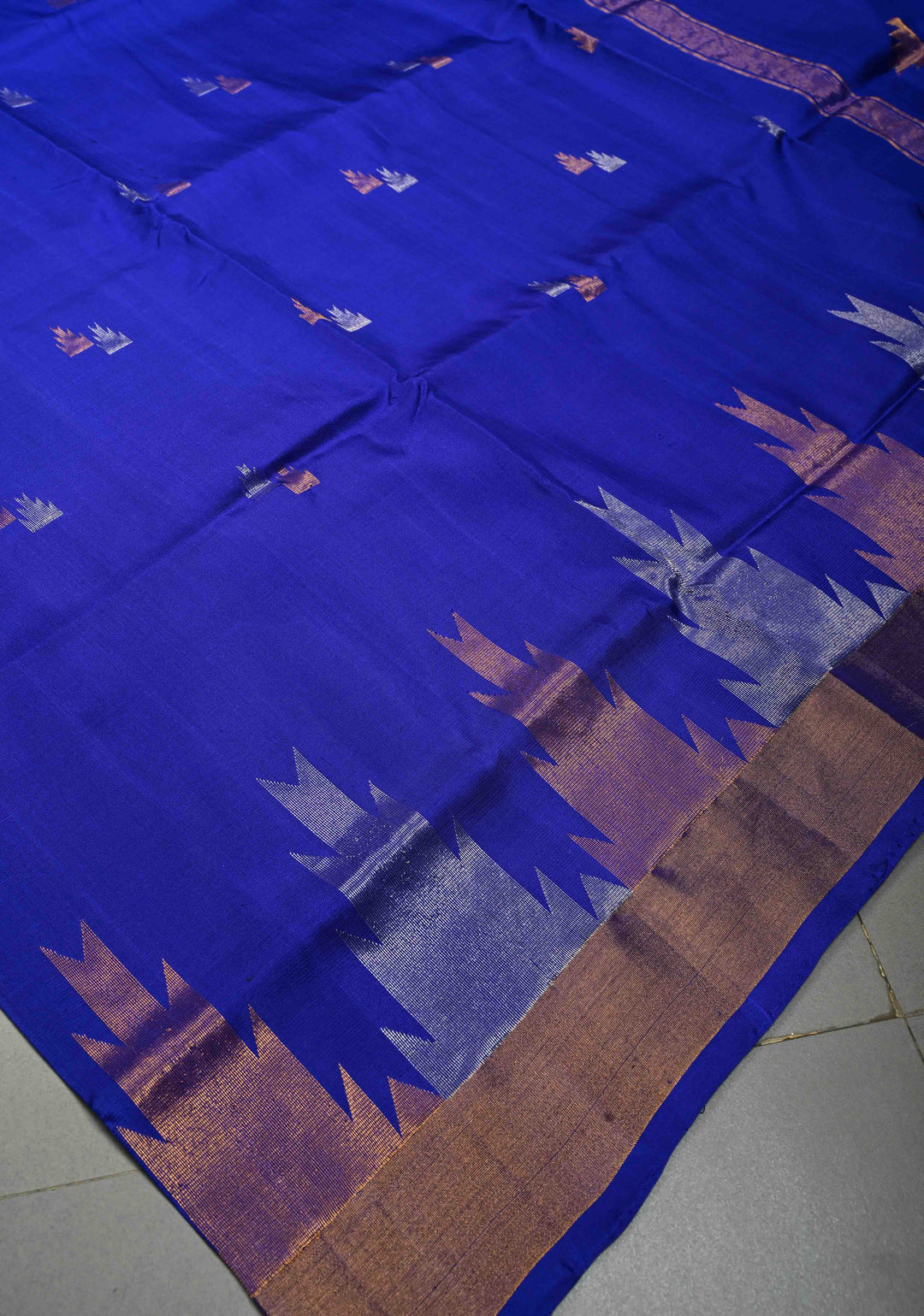 Royal Blue Uppada Handloom Silk Saree with Sona Rupa Zari Buttas and Distinct Temple Design on Tissue Border| SILK MARK CERTIFIED | SHOBITAM