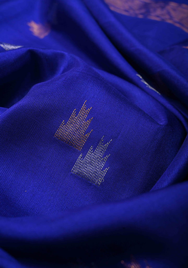 Royal Blue Uppada Handloom Silk Saree with Sona Rupa Zari Buttas and Distinct Temple Design on Tissue Border| SILK MARK CERTIFIED | SHOBITAM