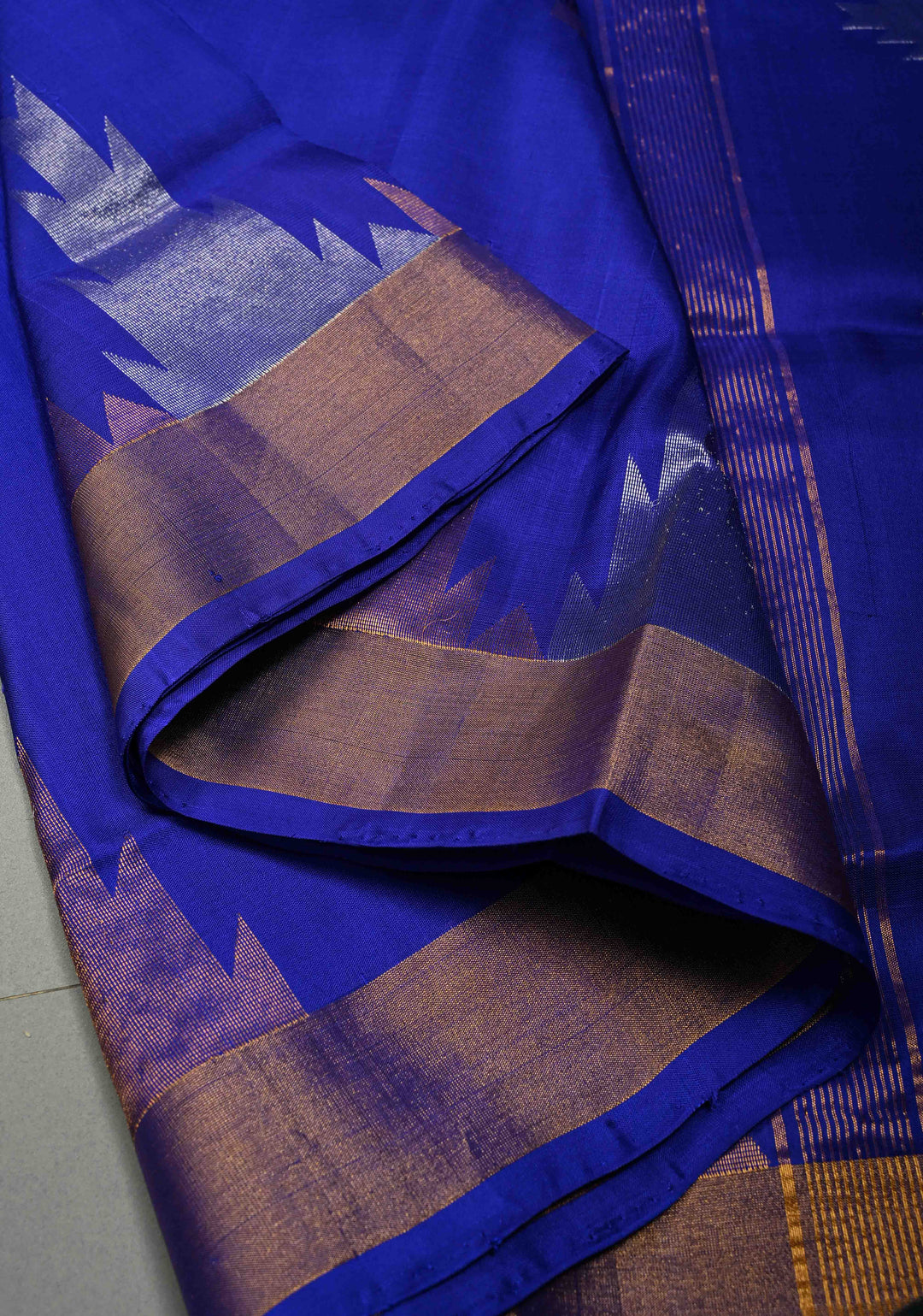 Royal Blue Uppada Handloom Silk Saree with Sona Rupa Zari Buttas and Distinct Temple Design on Tissue Border| SILK MARK CERTIFIED | SHOBITAM