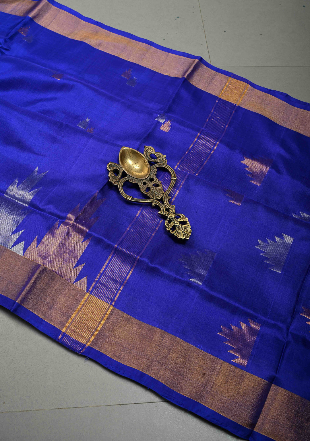 Royal Blue Uppada Handloom Silk Saree with Sona Rupa Zari Buttas and Distinct Temple Design on Tissue Border| SILK MARK CERTIFIED | SHOBITAM