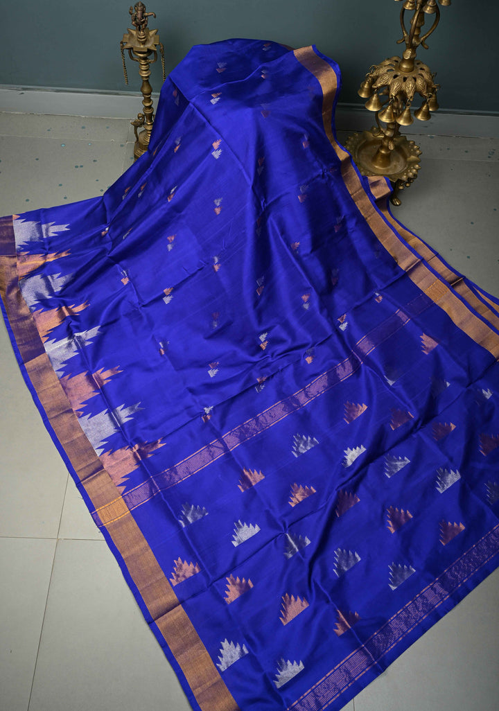 Royal Blue Uppada Handloom Silk Saree with Sona Rupa Zari Buttas and Distinct Temple Design on Tissue Border| SILK MARK CERTIFIED | SHOBITAM