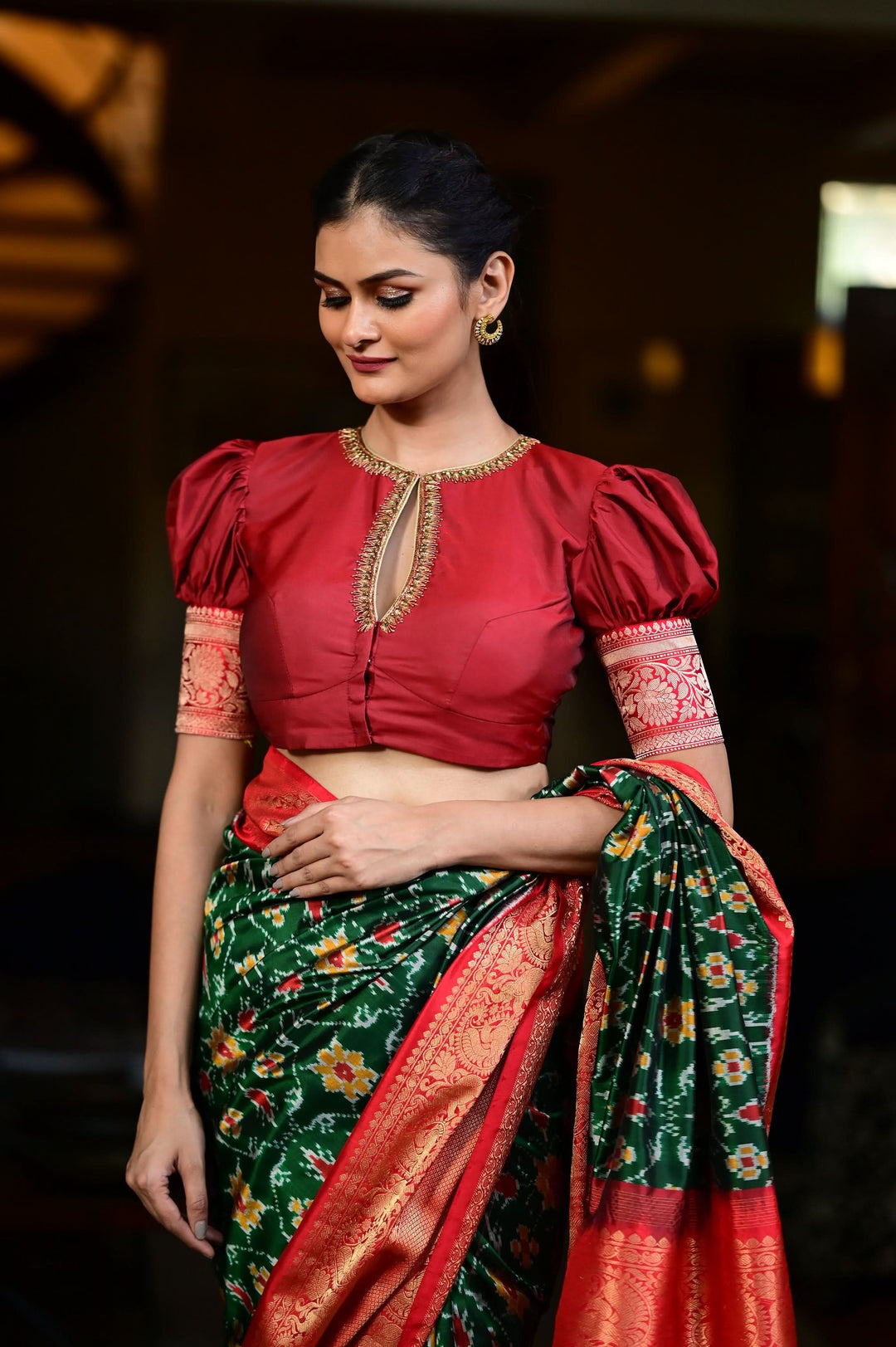 Maroon Blouse with Keyhole Neck, Zardosi work and Puff Sleeves with Zari Detailing | SHOBITAM