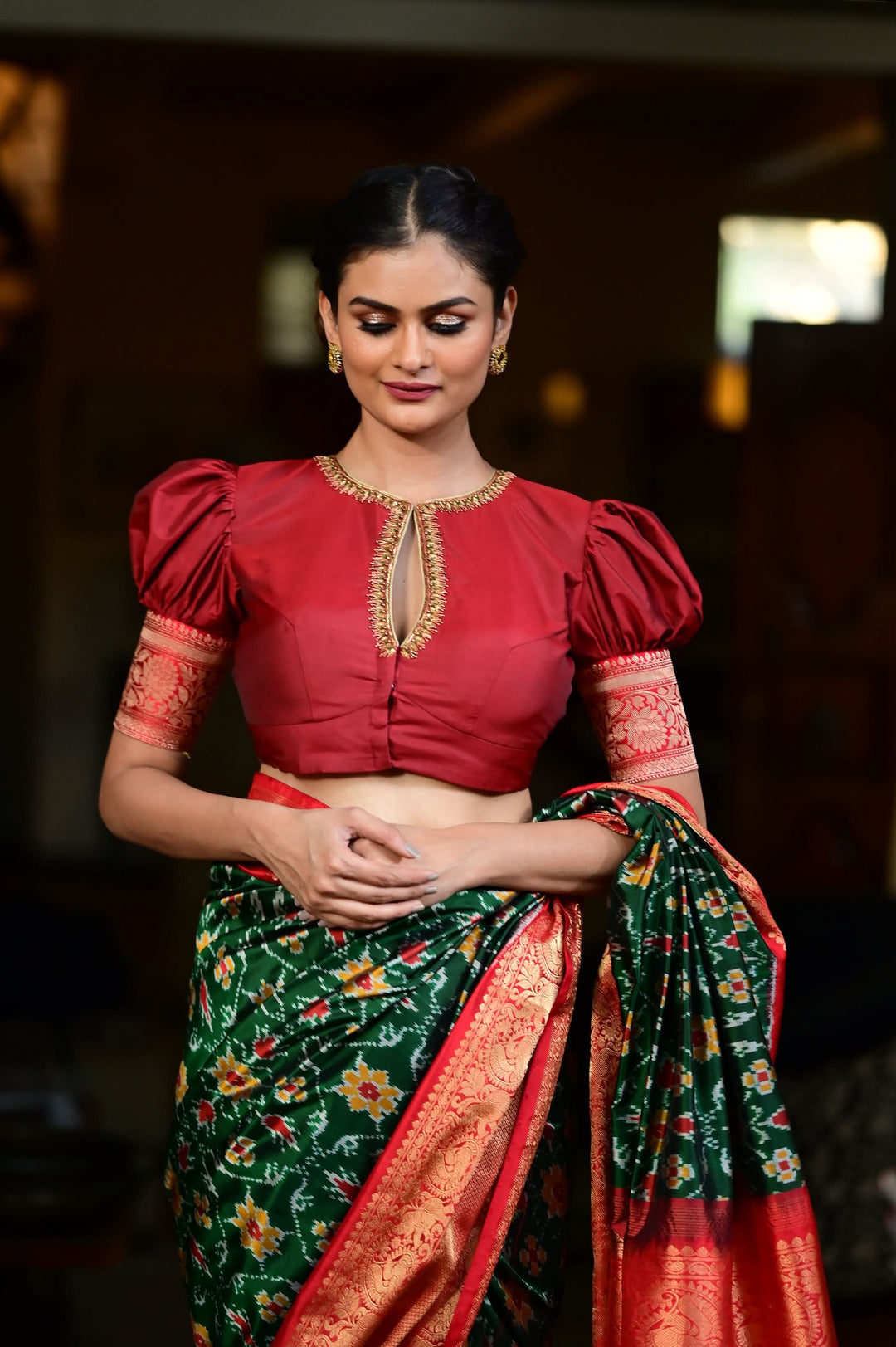 Maroon Blouse with Keyhole Neck, Zardosi work and Puff Sleeves with Zari Detailing | SHOBITAM