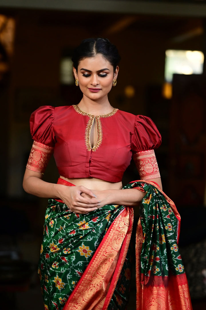 Maroon Blouse with Keyhole Neck, Zardosi work and Puff Sleeves with Zari Detailing | SHOBITAM