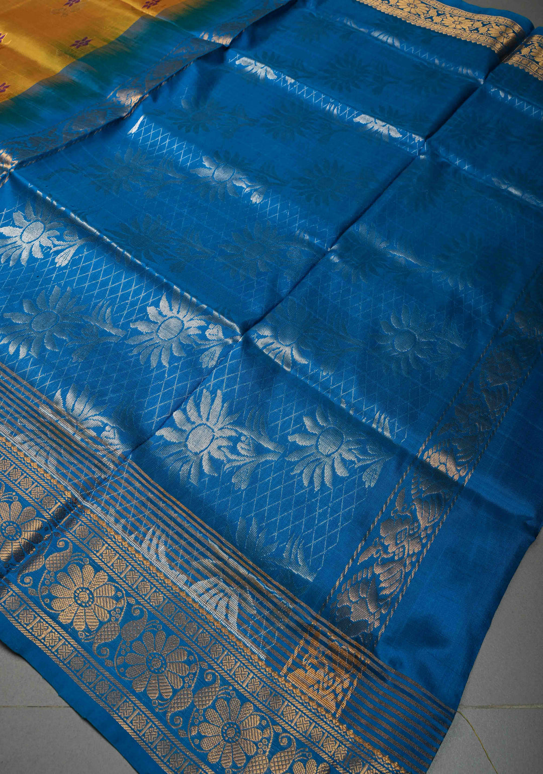 Mustard Yellow Uppada Handloom Silk Saree with Meenakari Floral Zari Buttas and Contrast Zari Border | SILK MARK CERTIFIED | SHOBITAM