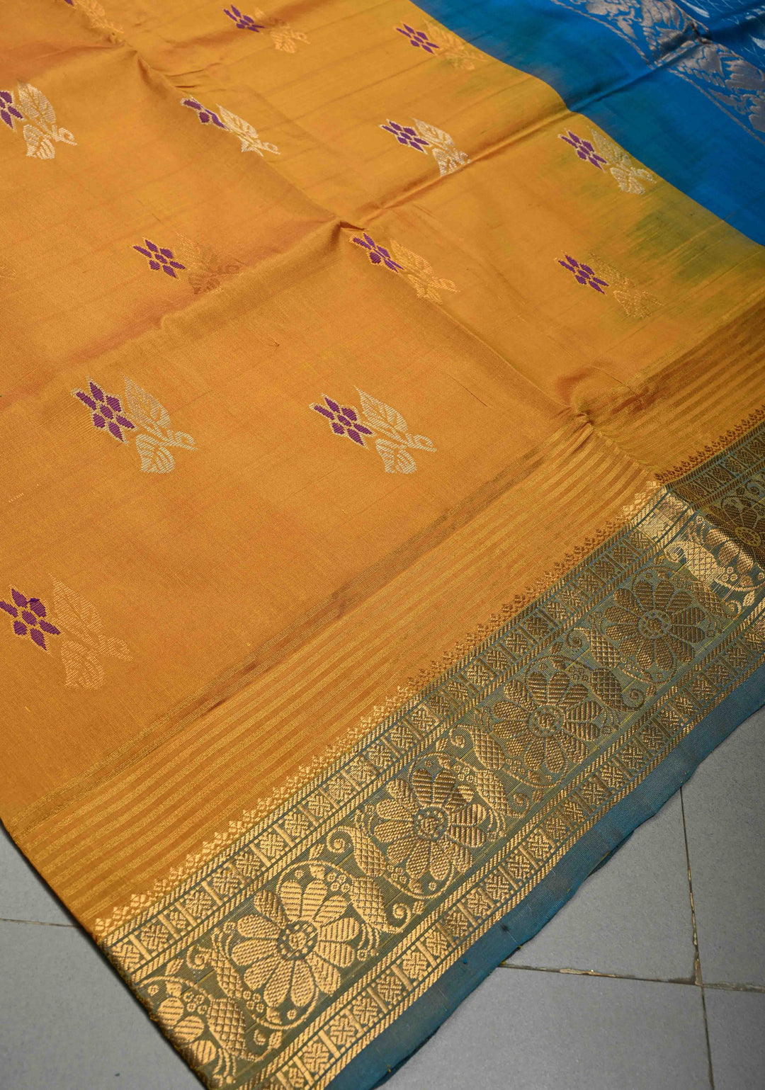 Mustard Yellow Uppada Handloom Silk Saree with Meenakari Floral Zari Buttas and Contrast Zari Border | SILK MARK CERTIFIED | SHOBITAM