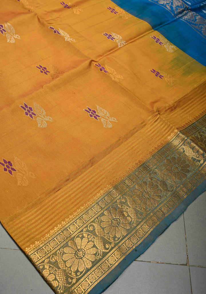 Mustard Yellow Uppada Handloom Silk Saree with Meenakari Floral Zari Buttas and Contrast Zari Border | SILK MARK CERTIFIED | SHOBITAM