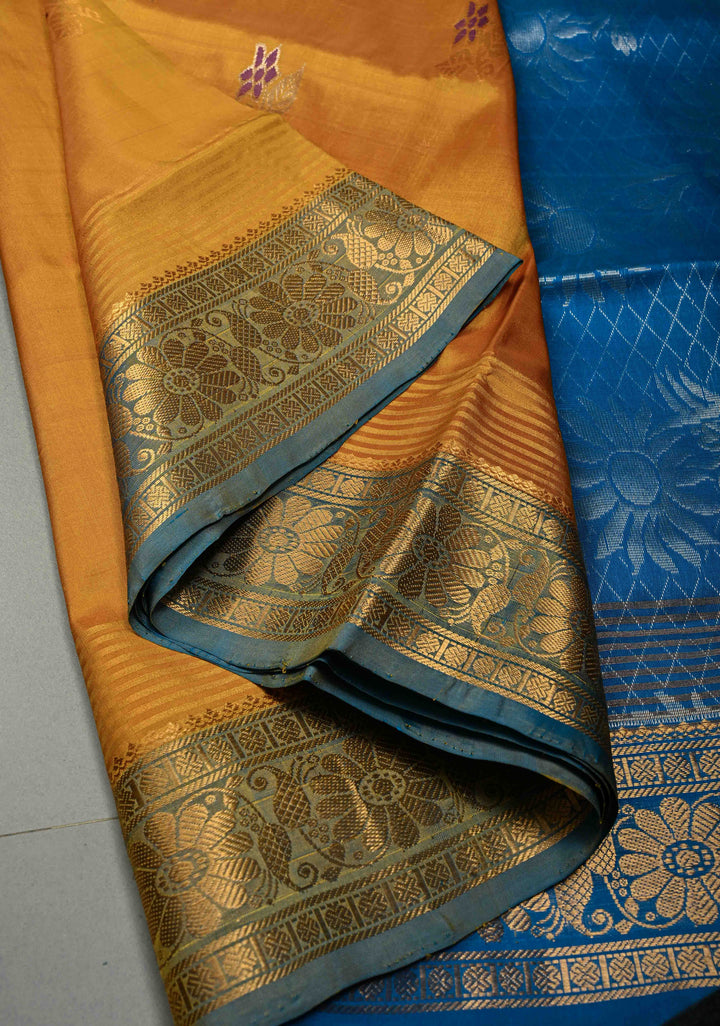 Mustard Yellow Uppada Handloom Silk Saree with Meenakari Floral Zari Buttas and Contrast Zari Border | SILK MARK CERTIFIED | SHOBITAM
