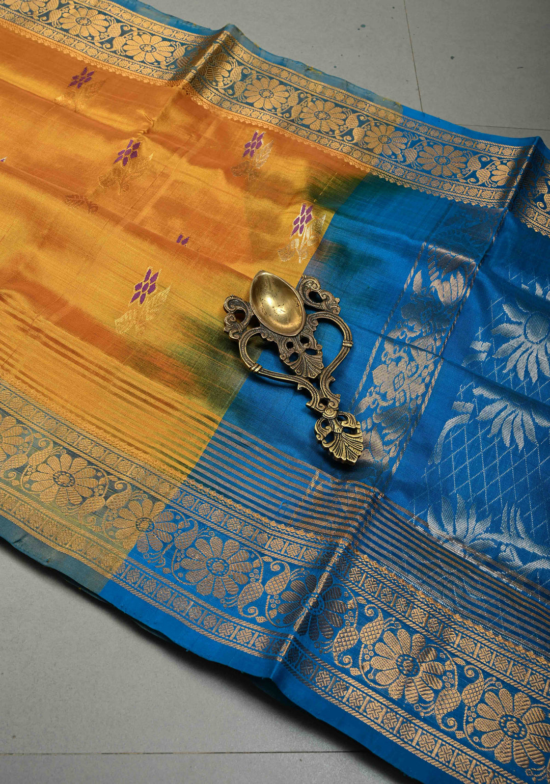 Mustard Yellow Uppada Handloom Silk Saree with Meenakari Floral Zari Buttas and Contrast Zari Border | SILK MARK CERTIFIED | SHOBITAM