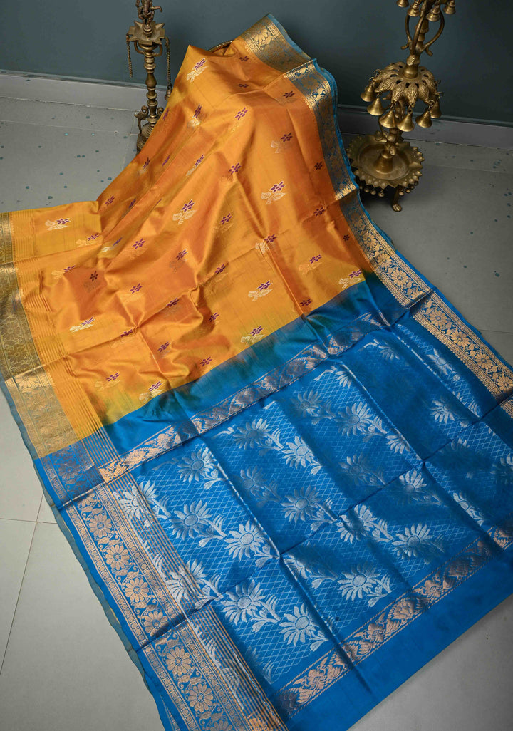 Mustard Yellow Uppada Handloom Silk Saree with Meenakari Floral Zari Buttas and Contrast Zari Border | SILK MARK CERTIFIED | SHOBITAM