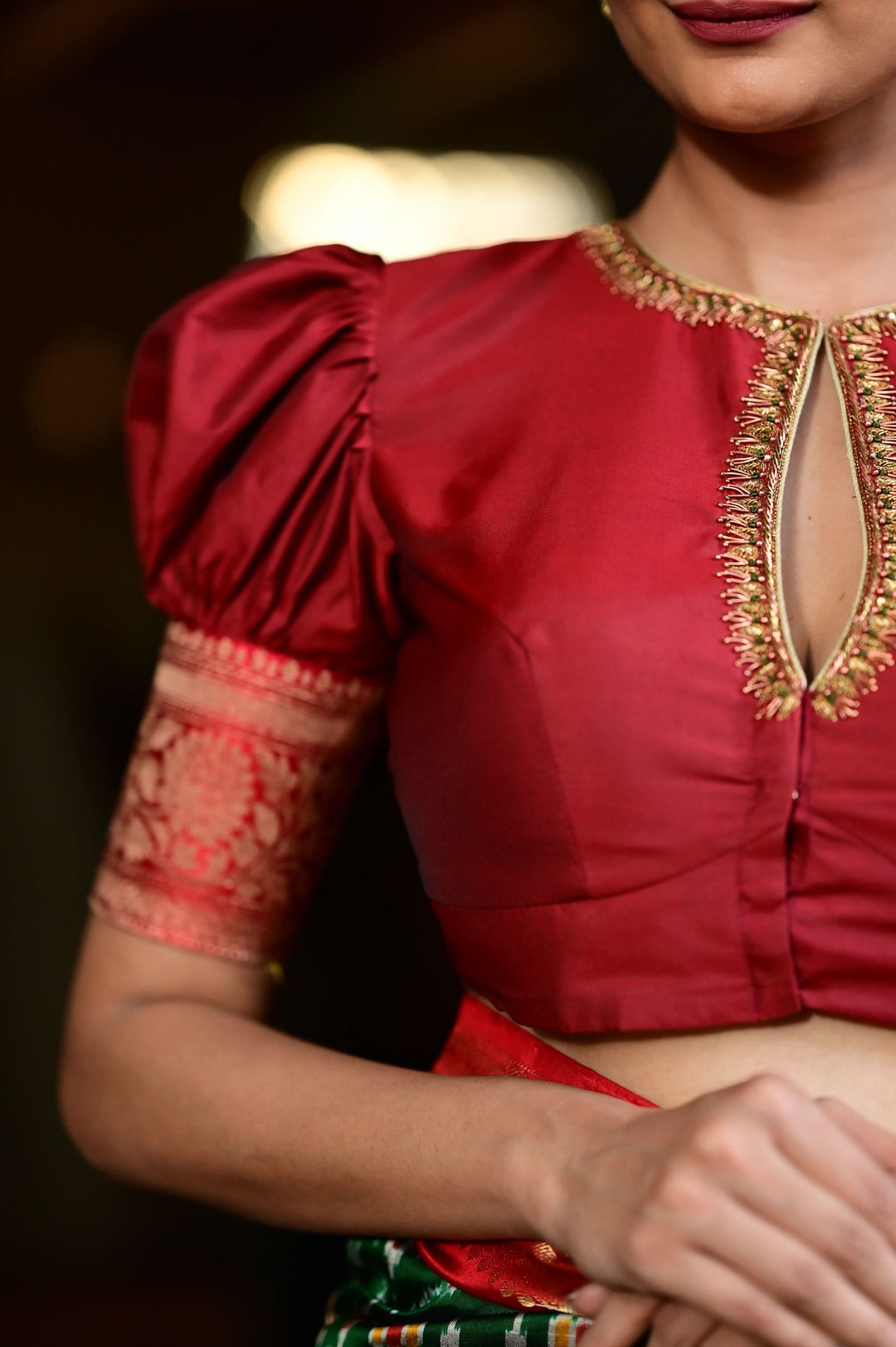 Maroon Blouse with Keyhole Neck, Zardosi work and Puff Sleeves with Zari Detailing | SHOBITAM