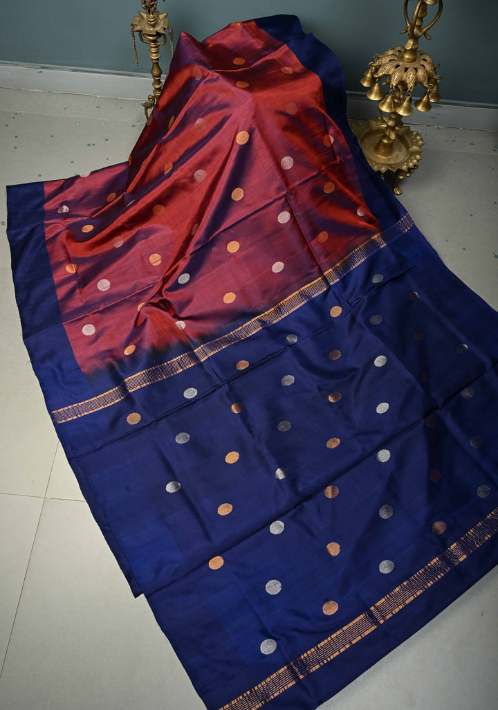 Maroon Dual Tone Uppada Handloom Silk Saree with Sona Rupa Polka Dots and Contrast Border| SILK MARK CERTIFIED | SHOBITAM