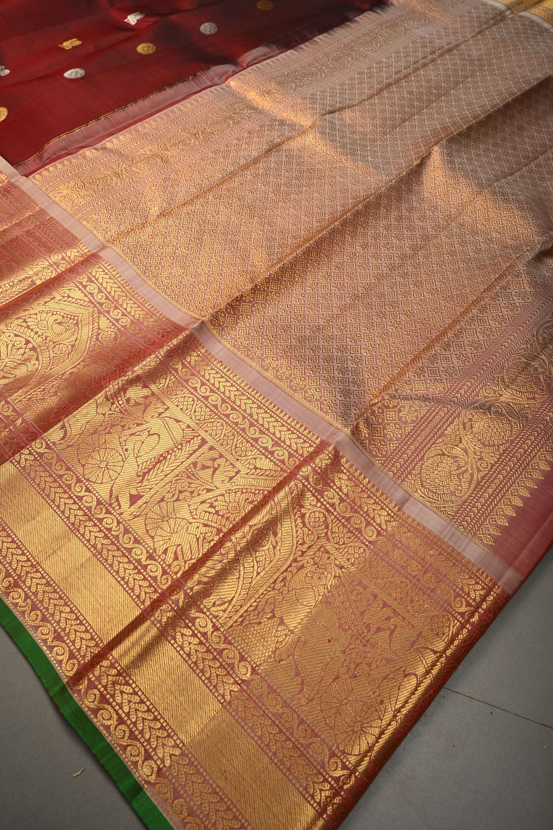 Maroon Gadwal Silk Saree with Gold-Silver Zari Buttas and Contrast Zari Border | SILK MARK CERTIFIED | SHOBITAM