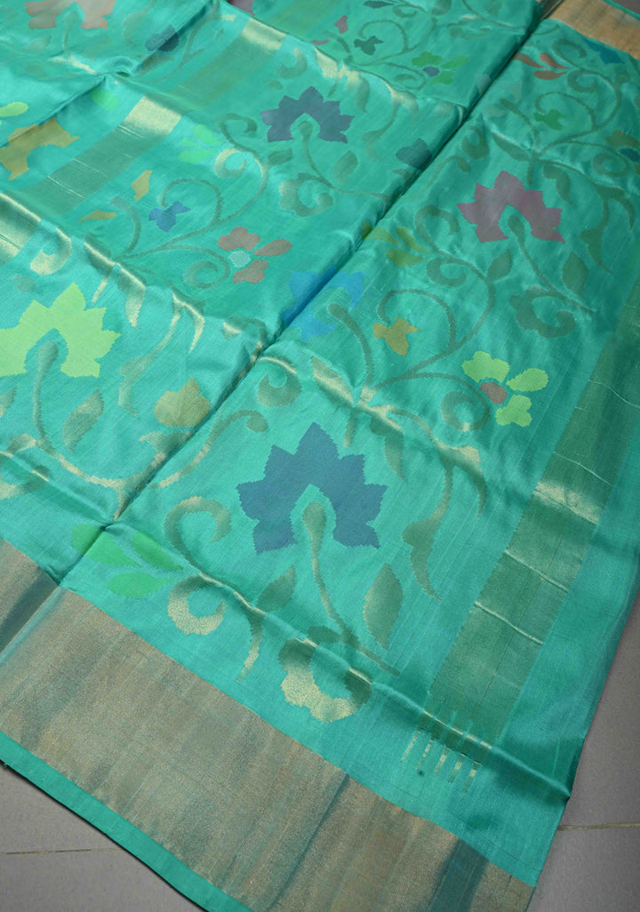 Mint Green Uppada Handloom Silk Saree with Meenakari Full Body Jamdani jaal and Tissue Border | SILK MARK CERTIFIED | SHOBITAM
